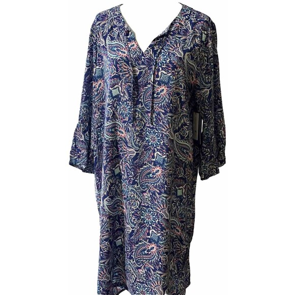 Caribbean Joe Dress L Rayon Paisley Blues Flutter Elbow Sleeves Flowy Boho Chic - Picture 1 of 14